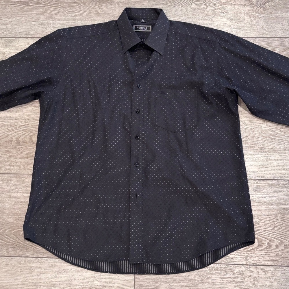 Versace Button Down Shirt Mens 17 Black Micro Dot Pinstripe Cotton Designer V2